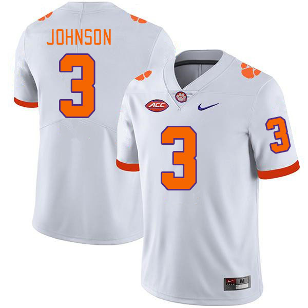 Men #3 Noble Johnson Clemson Tigers College Football Jerseys Stitched-White
